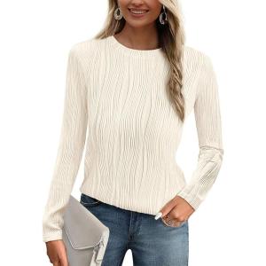 PRETTYGARDEN Long Sleeve Tops for Women 2025 Spring Fall Trendy Business Dressy Casual Shirts Crewneck Textured Blouse(White)