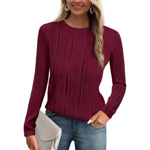 PRETTYGARDEN Long Sleeve Tops for Women 2025 Spring Fall Trendy Business Dressy Casual Shirts Crewneck Textured Blouse(Wine Red)