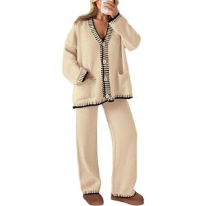 PRETTYGARDEN Lounge Sets for Women Fall 2026 Loungewear 2 Piece Outfits Cardigan Sweaters Track Suit Matching Winter Clothing(Beige)