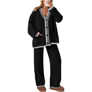 PRETTYGARDEN Lounge Sets for Women Fall 2026 Loungewear 2 Piece Outfits Cardigan Sweaters Track Suit Matching Winter Clothing(Black)
