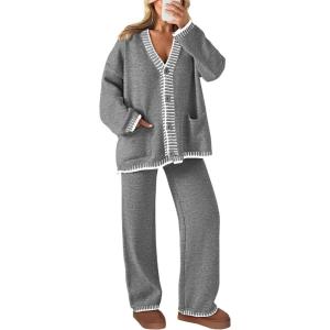 PRETTYGARDEN Lounge Sets for Women Fall 2026 Loungewear 2 Piece Outfits Cardigan Sweaters Track Suit Matching Winter Clothing(Grey)