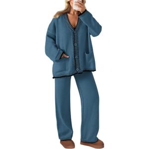 PRETTYGARDEN Lounge Sets for Women Fall 2026 Loungewear 2 Piece Outfits Cardigan Sweaters Track Suit Matching Winter Clothing(Grey Blue)