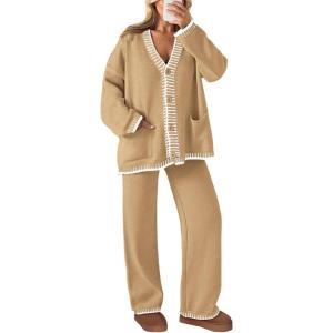 PRETTYGARDEN Lounge Sets for Women Fall 2026 Loungewear 2 Piece Outfits Cardigan Sweaters Track Suit Matching Winter Clothing(Khaki)