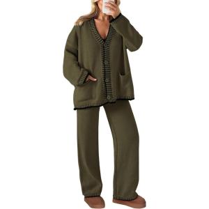 PRETTYGARDEN Lounge Sets for Women Fall 2026 Loungewear 2 Piece Outfits Cardigan Sweaters Track Suit Matching Winter Clothing(Khaki Green)
