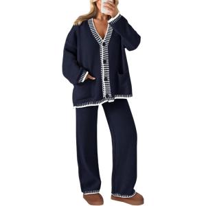 PRETTYGARDEN Lounge Sets for Women Fall 2026 Loungewear 2 Piece Outfits Cardigan Sweaters Track Suit Matching Winter Clothing(Navy)