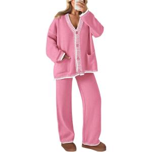 PRETTYGARDEN Lounge Sets for Women Fall 2026 Loungewear 2 Piece Outfits Cardigan Sweaters Track Suit Matching Winter Clothing(Pink)