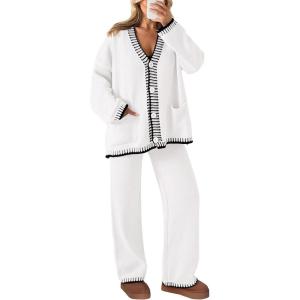 PRETTYGARDEN Lounge Sets for Women Fall 2026 Loungewear 2 Piece Outfits Cardigan Sweaters Track Suit Matching Winter Clothing(White)