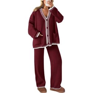PRETTYGARDEN Lounge Sets for Women Fall 2026 Loungewear 2 Piece Outfits Cardigan Sweaters Track Suit Matching Winter Clothing(Wine Red)
