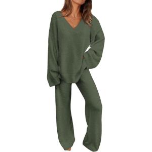 PRETTYGARDEN Lounge Sets for Women Two Piece Sweaters Pajama Set Fall Fashion 2026 Loungewear Outfits Matching Winter Clothes(Army Green)