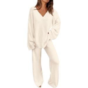 PRETTYGARDEN Lounge Sets for Women Two Piece Sweaters Pajama Set Fall Fashion 2026 Loungewear Outfits Matching Winter Clothes(Beige)