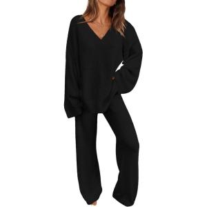 PRETTYGARDEN Lounge Sets for Women Two Piece Sweaters Pajama Set Fall Fashion 2026 Loungewear Outfits Matching Winter Clothes(Black)