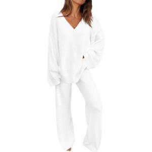 PRETTYGARDEN Lounge Sets for Women Two Piece Sweaters Pajama Set Fall Fashion 2026 Loungewear Outfits Matching Winter Clothes(White)