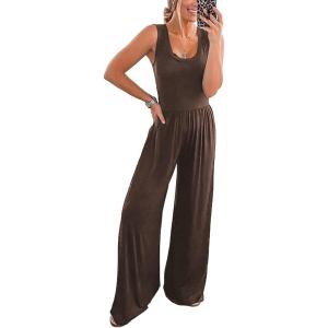 PRETTYGARDEN One Piece Jumpsuits 2026 Spring Sleeveless Tank Summer Casual Travel Airport Outfits Wide Leg Pants Rompers(Brown)