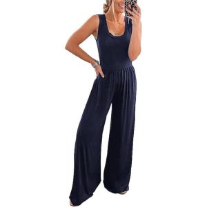 PRETTYGARDEN One Piece Jumpsuits 2026 Spring Sleeveless Tank Summer Casual Travel Airport Outfits Wide Leg Pants Rompers(Navy)