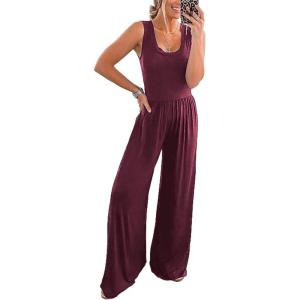 PRETTYGARDEN One Piece Jumpsuits 2026 Spring Sleeveless Tank Summer Casual Travel Airport Outfits Wide Leg Pants Rompers(Wine Red)