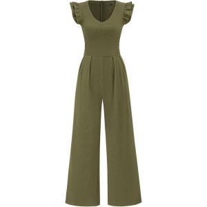 PRETTYGARDEN One Piece Jumpsuits For Women Dressy Ruffle Cap Sleeve V Neck Ribbed Knit Wide Leg Romper Casual Spring Outfits(Army Green)