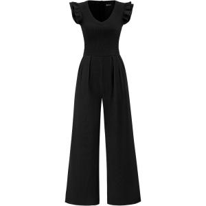 PRETTYGARDEN One Piece Jumpsuits For Women Dressy Ruffle Cap Sleeve V Neck Ribbed Knit Wide Leg Romper Casual Spring Outfits(Black)