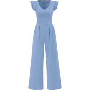 PRETTYGARDEN One Piece Jumpsuits For Women Dressy Ruffle Cap Sleeve V Neck Ribbed Knit Wide Leg Romper Casual Spring Outfits(Blue Grey)