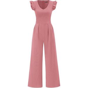 PRETTYGARDEN One Piece Jumpsuits For Women Dressy Ruffle Cap Sleeve V Neck Ribbed Knit Wide Leg Romper Casual Spring Outfits(Dusty Pink)