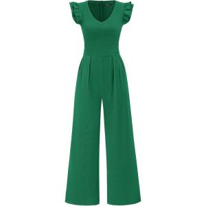 PRETTYGARDEN One Piece Jumpsuits For Women Dressy Ruffle Cap Sleeve V Neck Ribbed Knit Wide Leg Romper Casual Spring Outfits(Green)