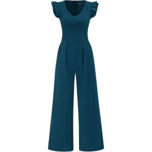 PRETTYGARDEN One Piece Jumpsuits For Women Dressy Ruffle Cap Sleeve V Neck Ribbed Knit Wide Leg Romper Casual Spring Outfits(Lake Blue)