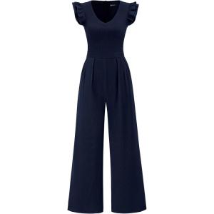 PRETTYGARDEN One Piece Jumpsuits For Women Dressy Ruffle Cap Sleeve V Neck Ribbed Knit Wide Leg Romper Casual Spring Outfits(Navy)