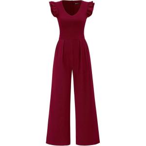 PRETTYGARDEN One Piece Jumpsuits For Women Dressy Ruffle Cap Sleeve V Neck Ribbed Knit Wide Leg Romper Casual Spring Outfits(Wine Red)