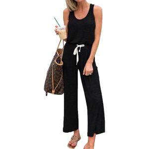 PRETTYGARDEN One Piece Jumpsuits for Women 2026 Summer Casual Drawstring Sleeveless Tank Romper Beach Vacation Outfits(A-black)