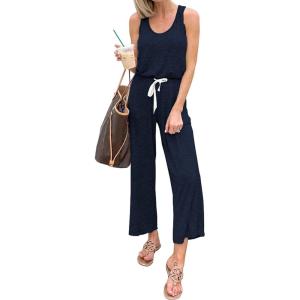 PRETTYGARDEN One Piece Jumpsuits for Women 2026 Summer Casual Drawstring Sleeveless Tank Romper Beach Vacation Outfits(Z-dark Blue)