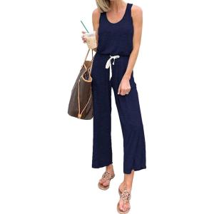 PRETTYGARDEN One Piece Jumpsuits for Women 2026 Summer Casual Drawstring Sleeveless Tank Romper Beach Vacation Outfits(Z-navy)