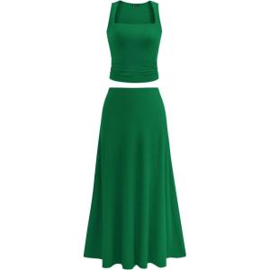 PRETTYGARDEN Skirt Sets Women 2 Piece Outfits 2025 Summer Casual Knit Tank Tops Flowy Midi Skirts Matching Vacation Clothes(Green)