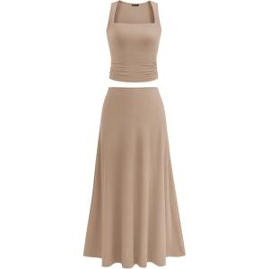 PRETTYGARDEN Skirt Sets Women 2 Piece Outfits 2025 Summer Casual Knit Tank Tops Flowy Midi Skirts Matching Vacation Clothes(Khaki)