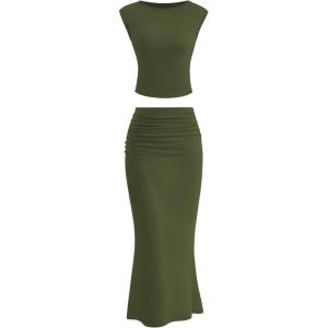 PRETTYGARDEN Skirt Sets Women 2 Piece Outfits Summer Outfits 2025 Going Out Crop Tops Long Maxi Skirts Beach Vacation Clothes(Army Green)