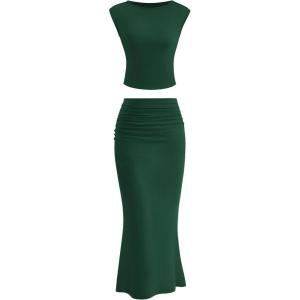 PRETTYGARDEN Skirt Sets Women 2 Piece Outfits Summer Outfits 2025 Going Out Crop Tops Long Maxi Skirts Beach Vacation Clothes(Dark Green)