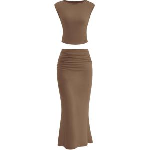 PRETTYGARDEN Skirt Sets Women 2 Piece Outfits Summer Outfits 2025 Going Out Crop Tops Long Maxi Skirts Beach Vacation Clothes(Khaki)