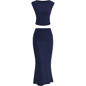 PRETTYGARDEN Skirt Sets Women 2 Piece Outfits Summer Outfits 2025 Going Out Crop Tops Long Maxi Skirts Beach Vacation Clothes(Navy)