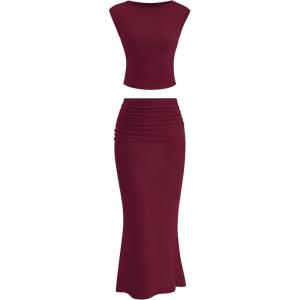 PRETTYGARDEN Skirt Sets Women 2 Piece Outfits Summer Outfits 2025 Going Out Crop Tops Long Maxi Skirts Beach Vacation Clothes(Wine Red)