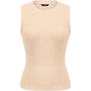 PRETTYGARDEN Sleeveless Tops for Women 2026 Summer Ribbed Tank Top Fitted Shirts Basic Tees Cute Spring Going Out Y2k Clothes(Beige)