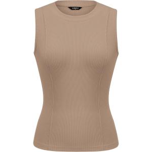 PRETTYGARDEN Sleeveless Tops for Women 2026 Summer Ribbed Tank Top Fitted Shirts Basic Tees Cute Spring Going Out Y2k Clothes(Khaki)
