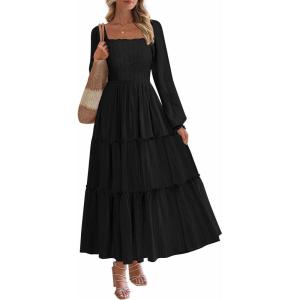 PRETTYGARDEN Spring Dresses for Women 2026 Casual Long Sleeve Smocked Ruffle Flowy Elegant Wedding Guest Maxi Dress Pockets(Black)