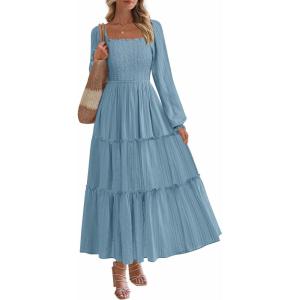 PRETTYGARDEN Spring Dresses for Women 2026 Casual Long Sleeve Smocked Ruffle Flowy Elegant Wedding Guest Maxi Dress Pockets(Dusty Blue)