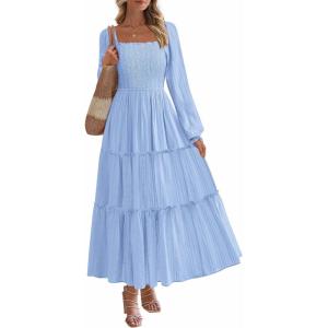PRETTYGARDEN Spring Dresses for Women 2026 Casual Long Sleeve Smocked Ruffle Flowy Elegant Wedding Guest Maxi Dress Pockets(Light Blue)