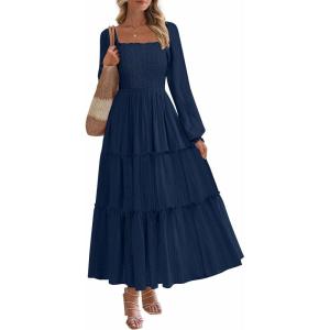 PRETTYGARDEN Spring Dresses for Women 2026 Casual Long Sleeve Smocked Ruffle Flowy Elegant Wedding Guest Maxi Dress Pockets(Navy Blue)