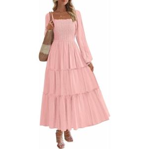 PRETTYGARDEN Spring Dresses for Women 2026 Casual Long Sleeve Smocked Ruffle Flowy Elegant Wedding Guest Maxi Dress Pockets(Pink)