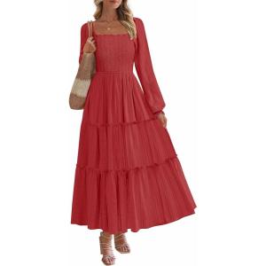 PRETTYGARDEN Spring Dresses for Women 2026 Casual Long Sleeve Smocked Ruffle Flowy Elegant Wedding Guest Maxi Dress Pockets(Red)