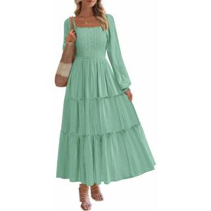 PRETTYGARDEN Spring Dresses for Women 2026 Casual Long Sleeve Smocked Ruffle Flowy Elegant Wedding Guest Maxi Dress Pockets(Sage Green)