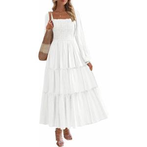 PRETTYGARDEN Spring Dresses for Women 2026 Casual Long Sleeve Smocked Ruffle Flowy Elegant Wedding Guest Maxi Dress Pockets(White)