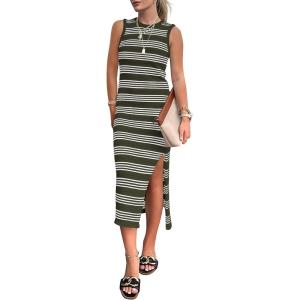 PRETTYGARDEN Summer Dresses for Women 2026 Casual Sleeveless Hollow Out Knit Side Slit Striped Beach Vacation Midi Dress(Army Green)