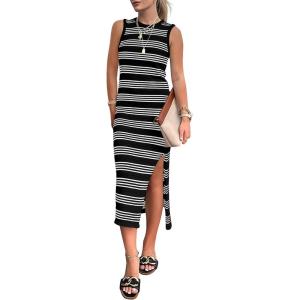 PRETTYGARDEN Summer Dresses for Women 2026 Casual Sleeveless Hollow Out Knit Side Slit Striped Beach Vacation Midi Dress(Black)