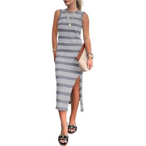 PRETTYGARDEN Summer Dresses for Women 2026 Casual Sleeveless Hollow Out Knit Side Slit Striped Beach Vacation Midi Dress(Grey)